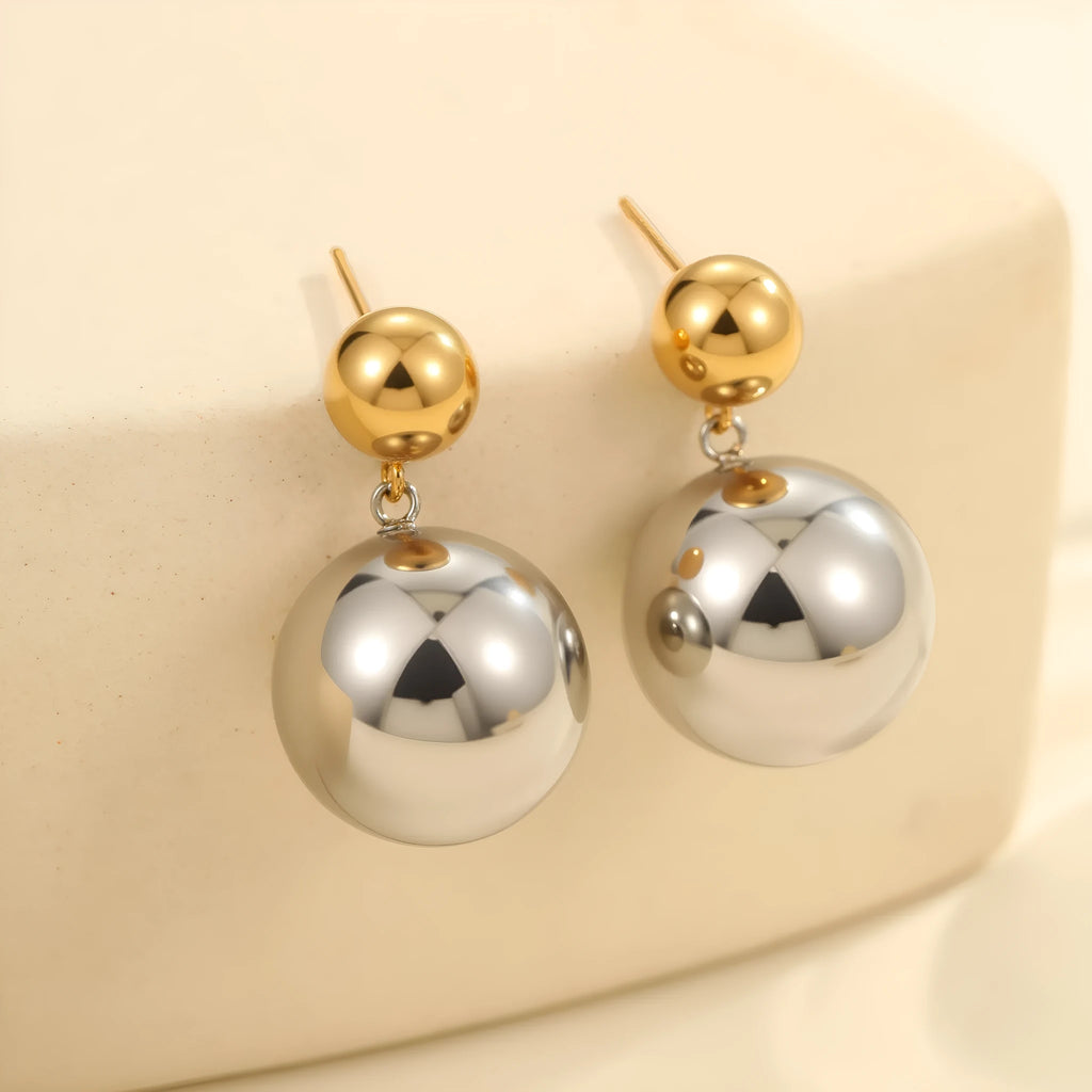 Round beads stainless steel geometric colour-block ear studs with 18K gold electroplated finish