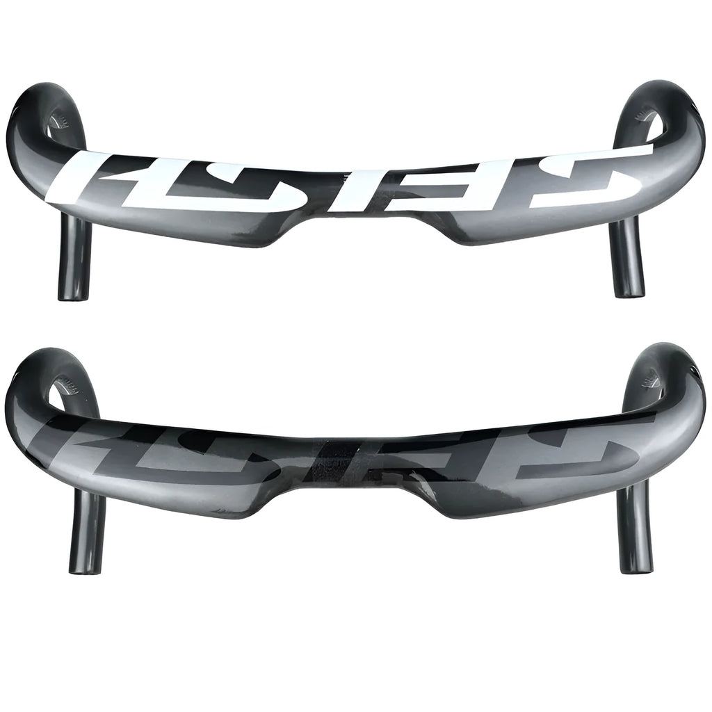 Carbon fibre road bike drop handlebar showing bend profile, available in multiple widths and light colour finishes.