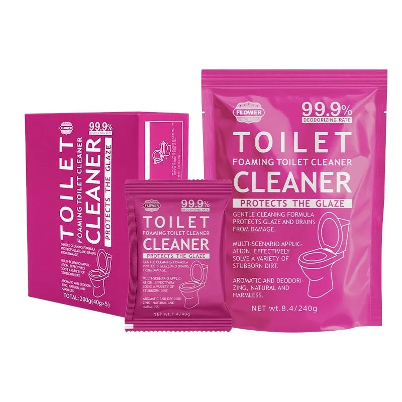 Toilet bubble descaling powder in blue ocean or pink floral scent, in boxed or large bag packaging.