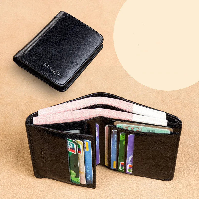 Men's leather bi-fold wallet with RFID protection in black or coffee brown