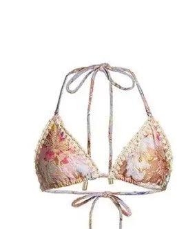Women's floral print bikini set with skirt cover-up in creamy-white beige colour