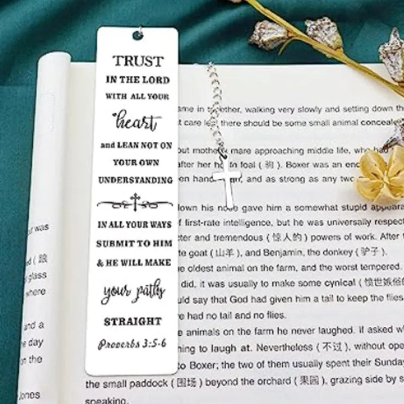 Stainless steel bookmark with engraved family bible verse text in CFS5170 colour