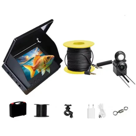 Underwater fish finder HD camera with 4.3-inch screen showing a fish on display, with 15, 20, and 30 metre cable options.