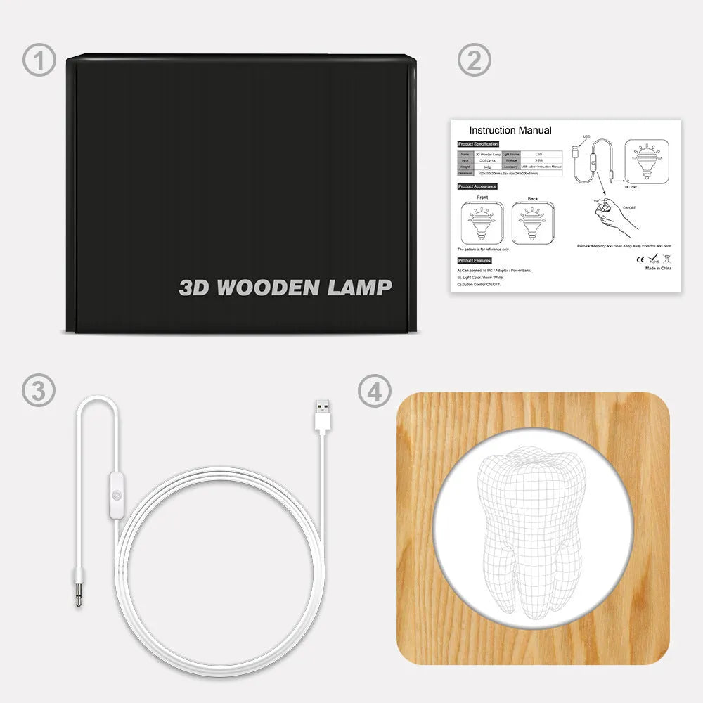 Wood colour tooth-shaped acrylic night lamp with USB cable