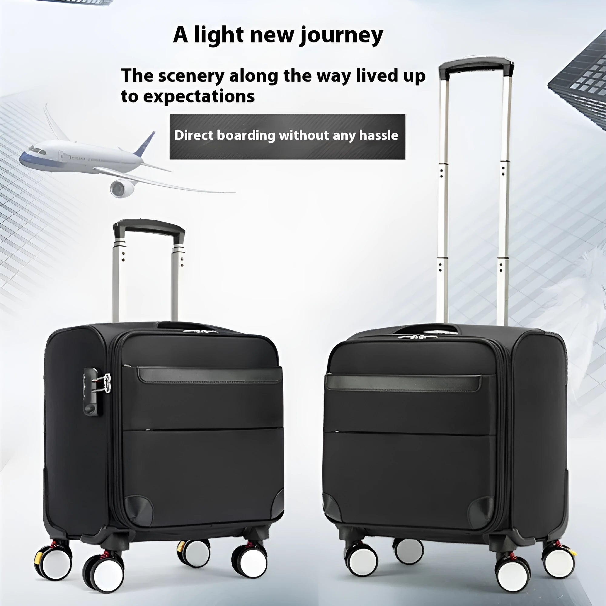 18 inch black Oxford cloth business luggage with pull handle and universal wheels