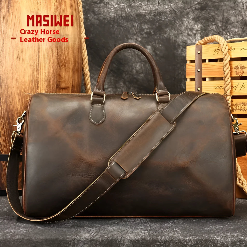 Men's large genuine leather crossbody bag in brown shown with dimensions