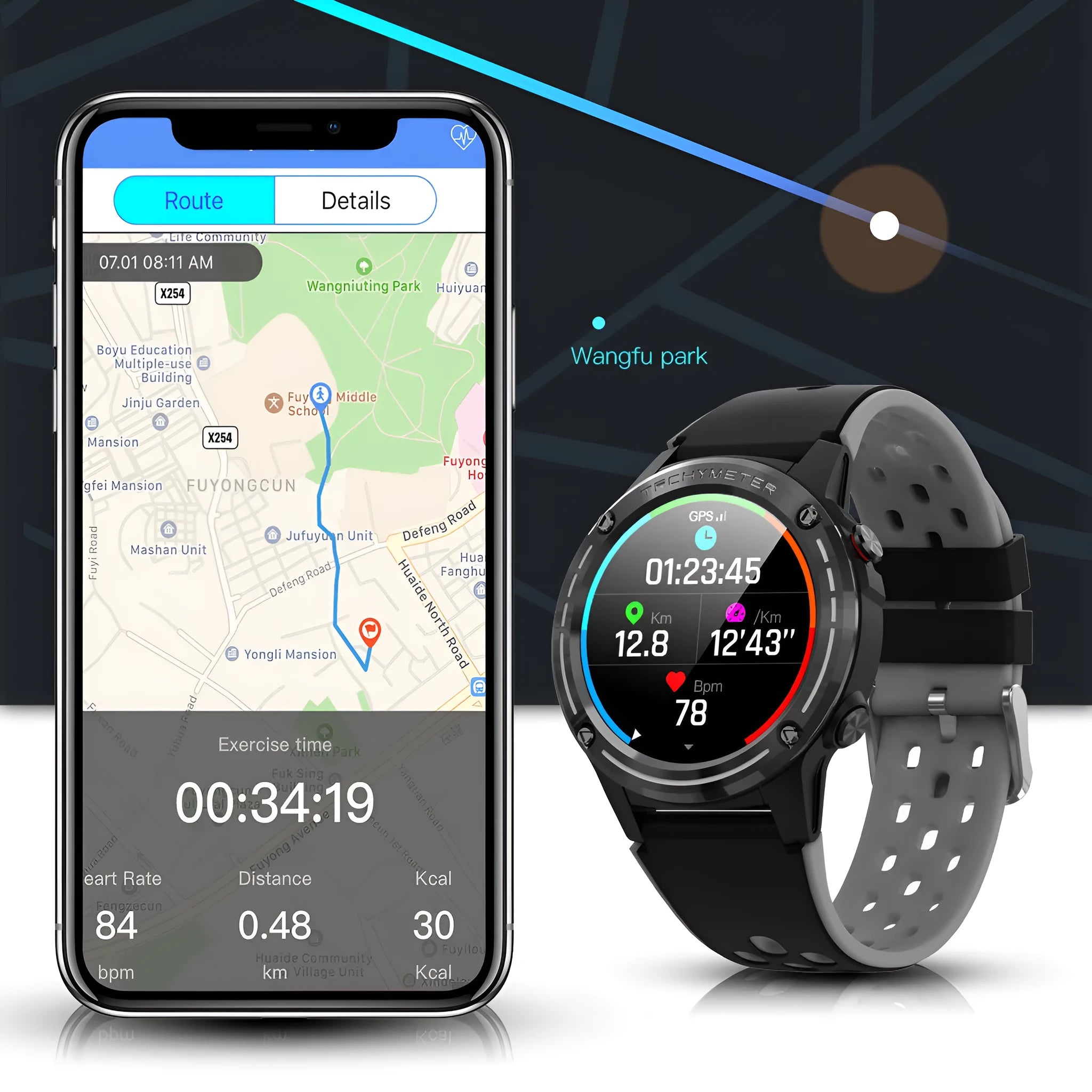 GPS smart watch with square screen and silicone sports bracelet in multiple colour options