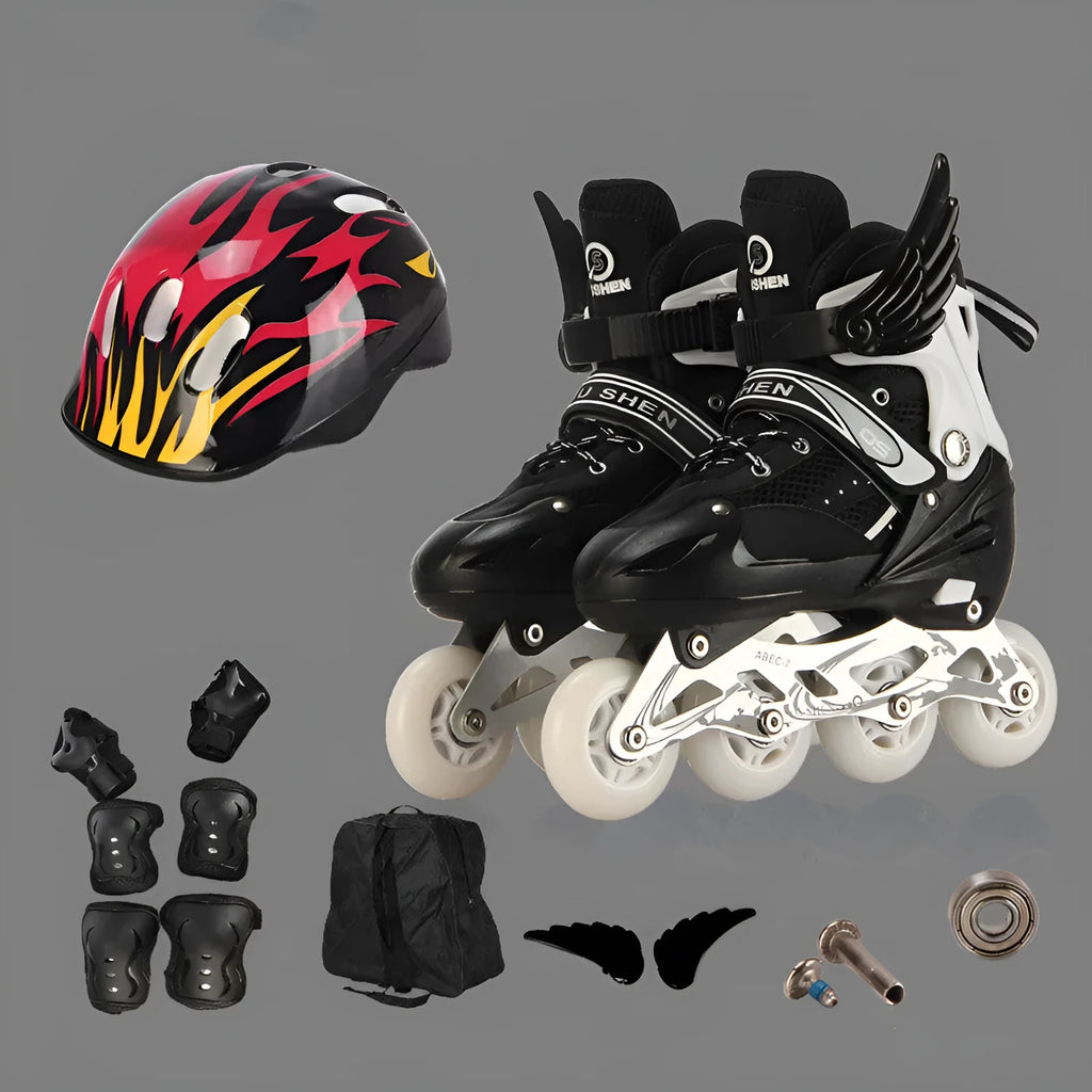 Colourful adjustable children's roller skates with PU wheels, aluminium frame, and a full set of protective gear including helmet.