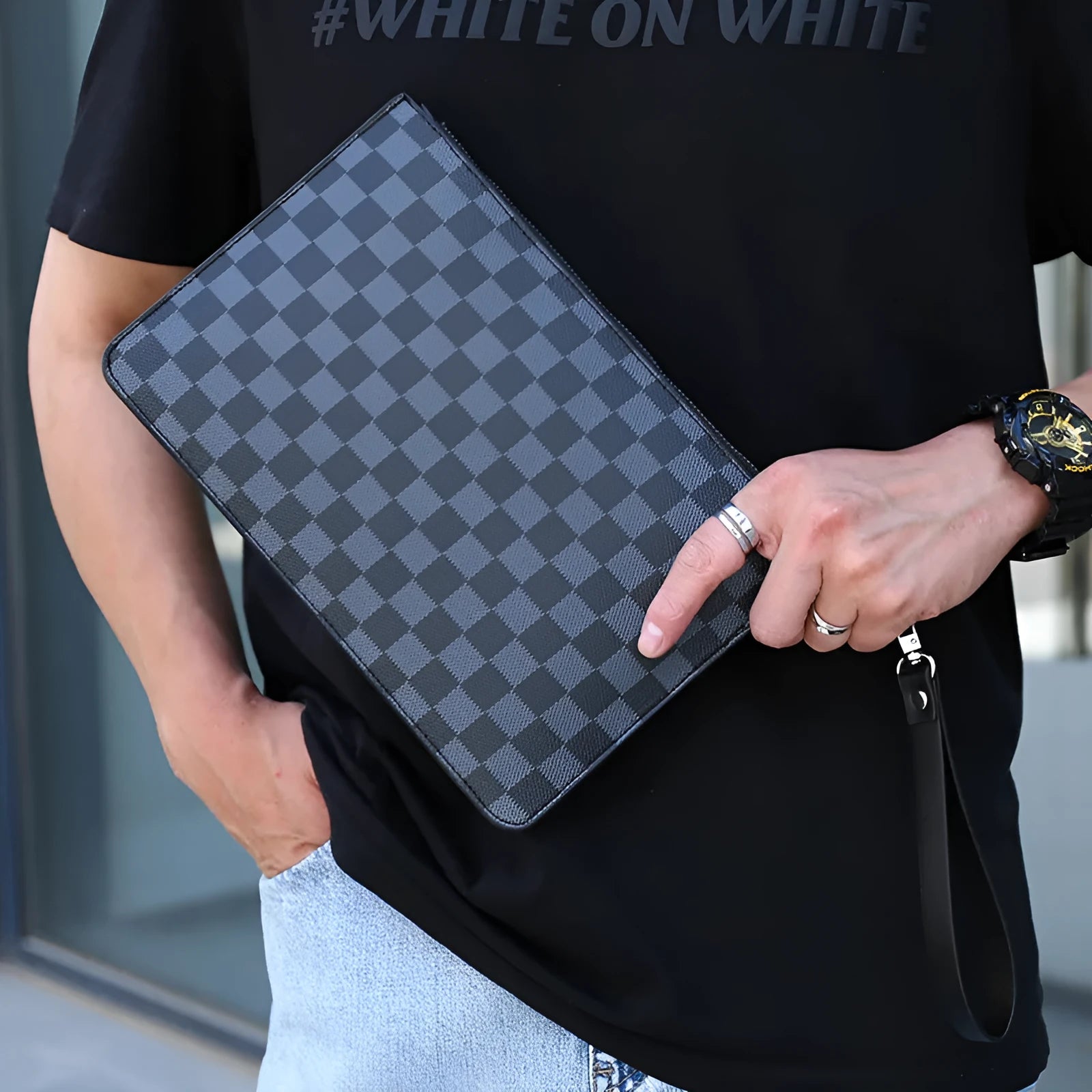 Men's black checkered PU leather clutch wallet showing card slots and zipper pocket