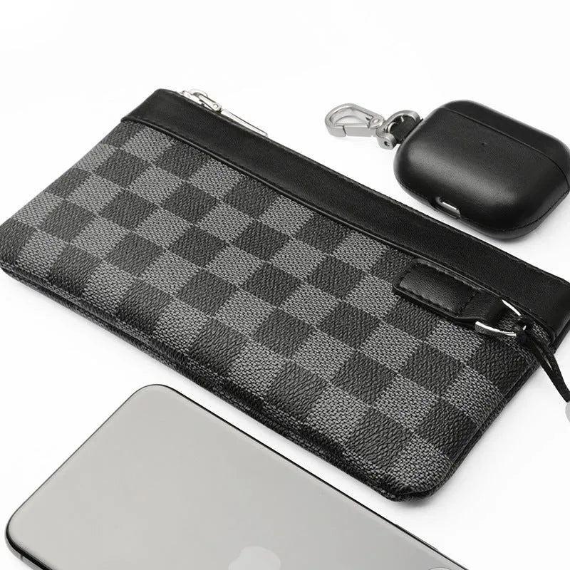 Black men's leather clutch wallet showing cowhide texture and 20x10cm dimensions