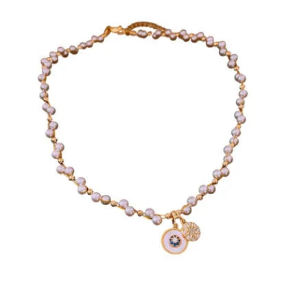 Real gold electroplated zircon pearl round pendant necklace on adjustable 41-50cm clavicle chain