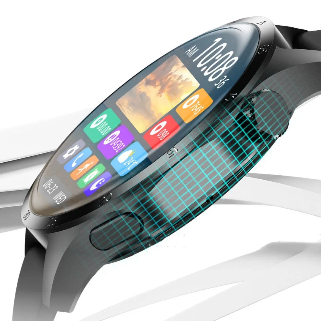 Black Bluetooth smartwatch with TFT touch screen shown with silicone and Milan net strap options.