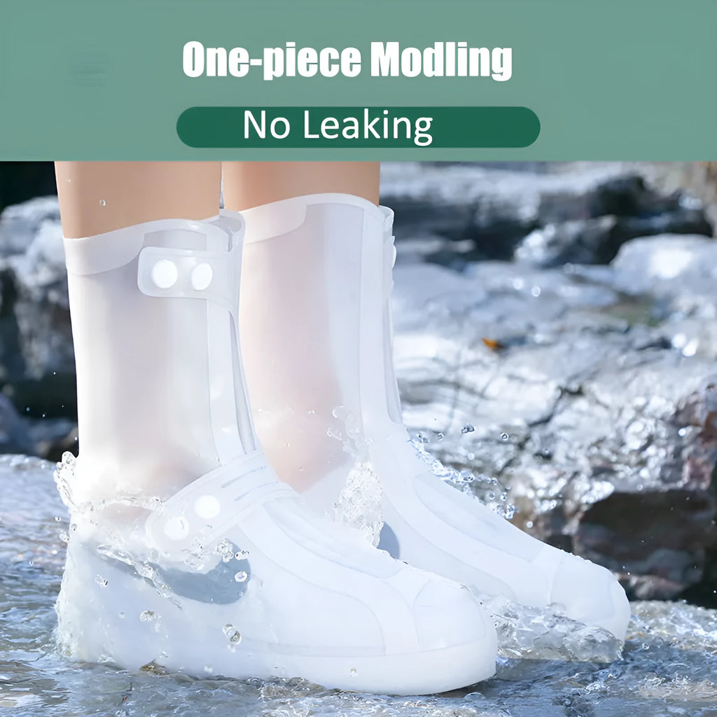 White PVC high-top reusable waterproof shoe covers with anti-skid soles