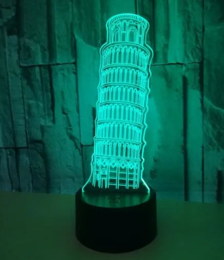 Leaning Tower of Pisa 3D acrylic LED nightlight on a black base with remote control.
