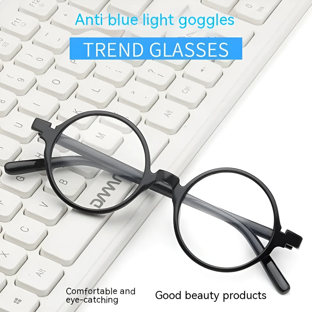 Artistic retro round flat mirror glasses in bright black, sand black, tofu pudding, and transparent grey colours.
