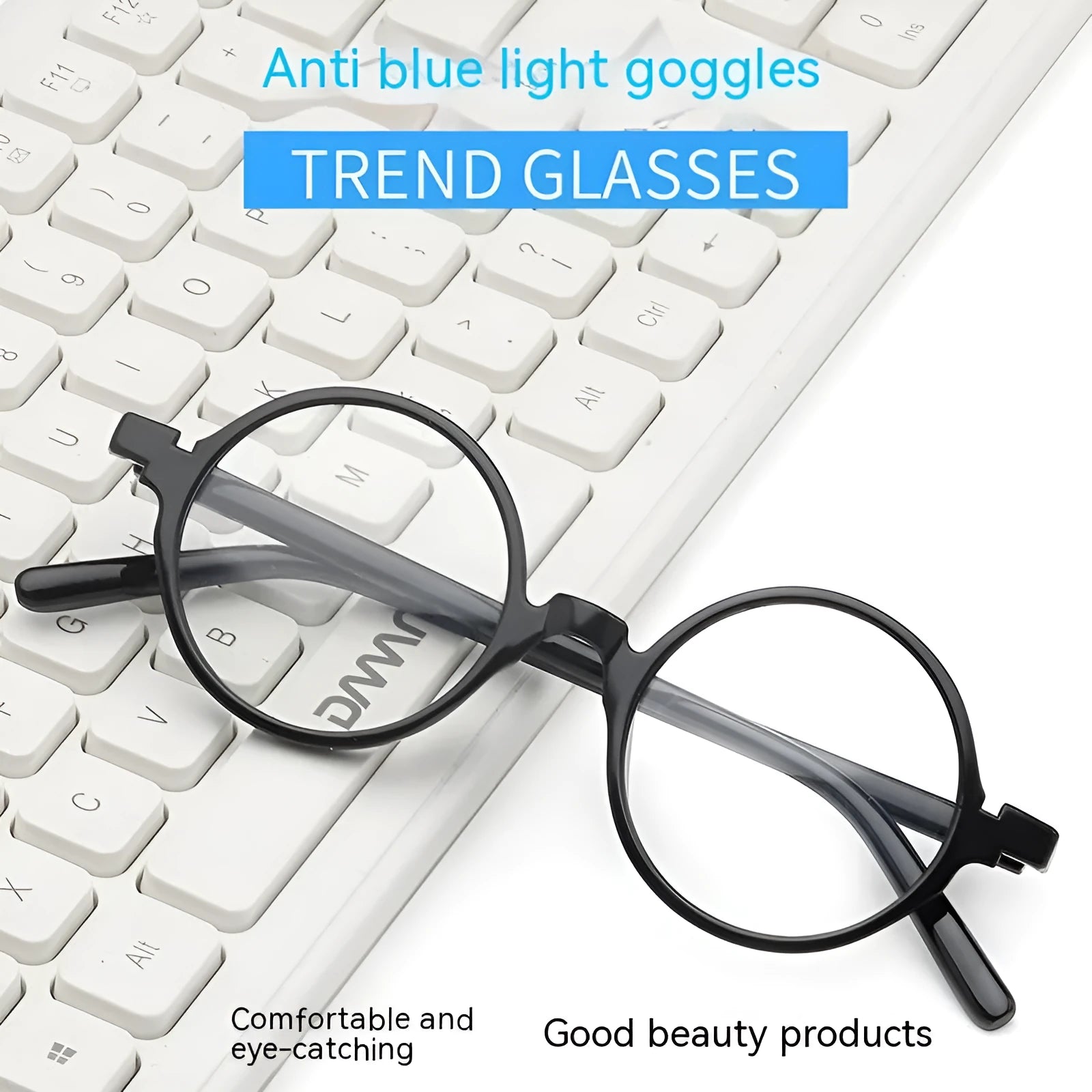 Artistic retro round flat mirror glasses in bright black, sand black, tofu pudding, and transparent grey colours.