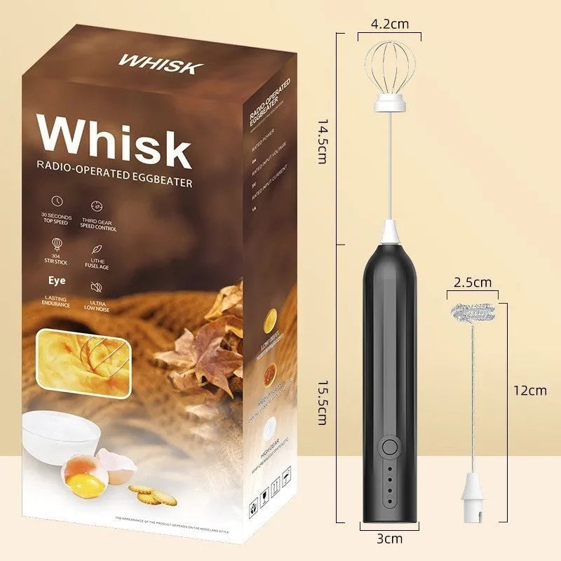 Handheld USB rechargeable milk frother in black, white or khaki with stainless steel stirring rod