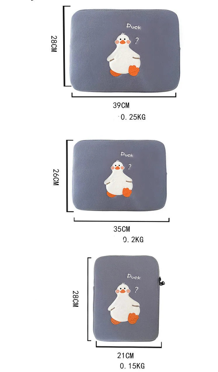 Blue cotton tablet case with duck embroidery design and zipper closure for 11-inch to 16-inch tablets