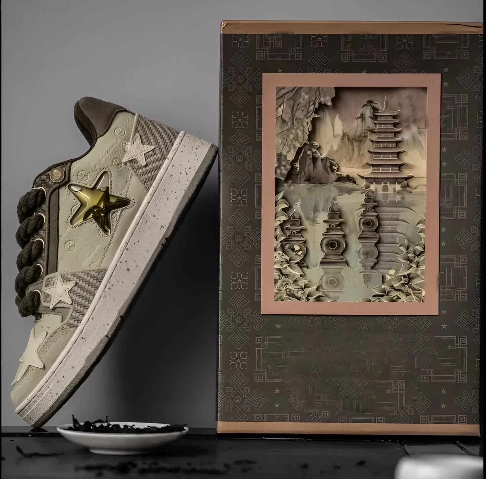 Green low top casual shoes with star pattern stitching and thick rubber soles
