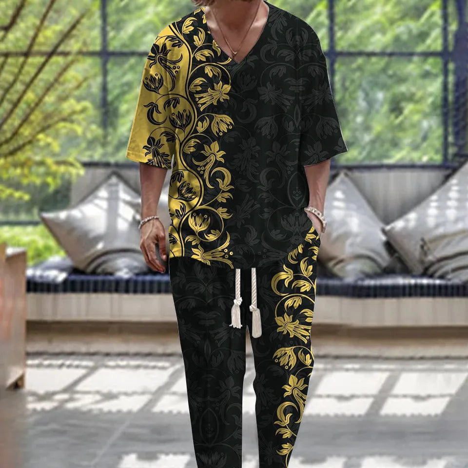 Cropped sleeves V-neck trousers suit in lightweight polyester fabric with matching trousers