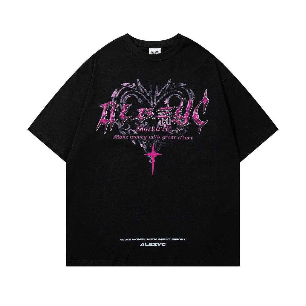 Men's black and white retro printed cotton t-shirt with loose fit and short sleeves