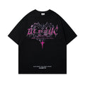 Men's black and white retro printed cotton t-shirt with loose fit and short sleeves