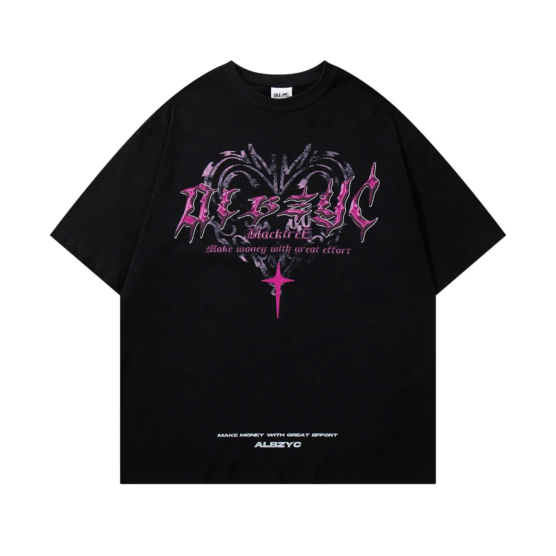 Men's black and white retro printed cotton t-shirt with loose fit and short sleeves