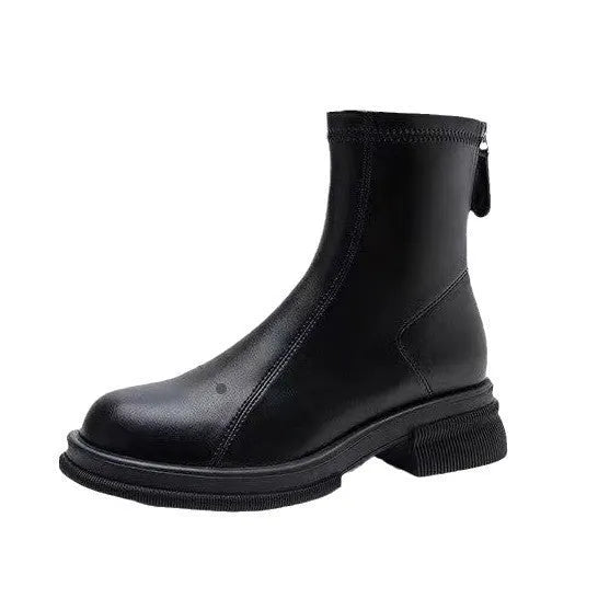 Women's black ankle boots with thick flat heel and back zipper, round toe, artificial PU upper