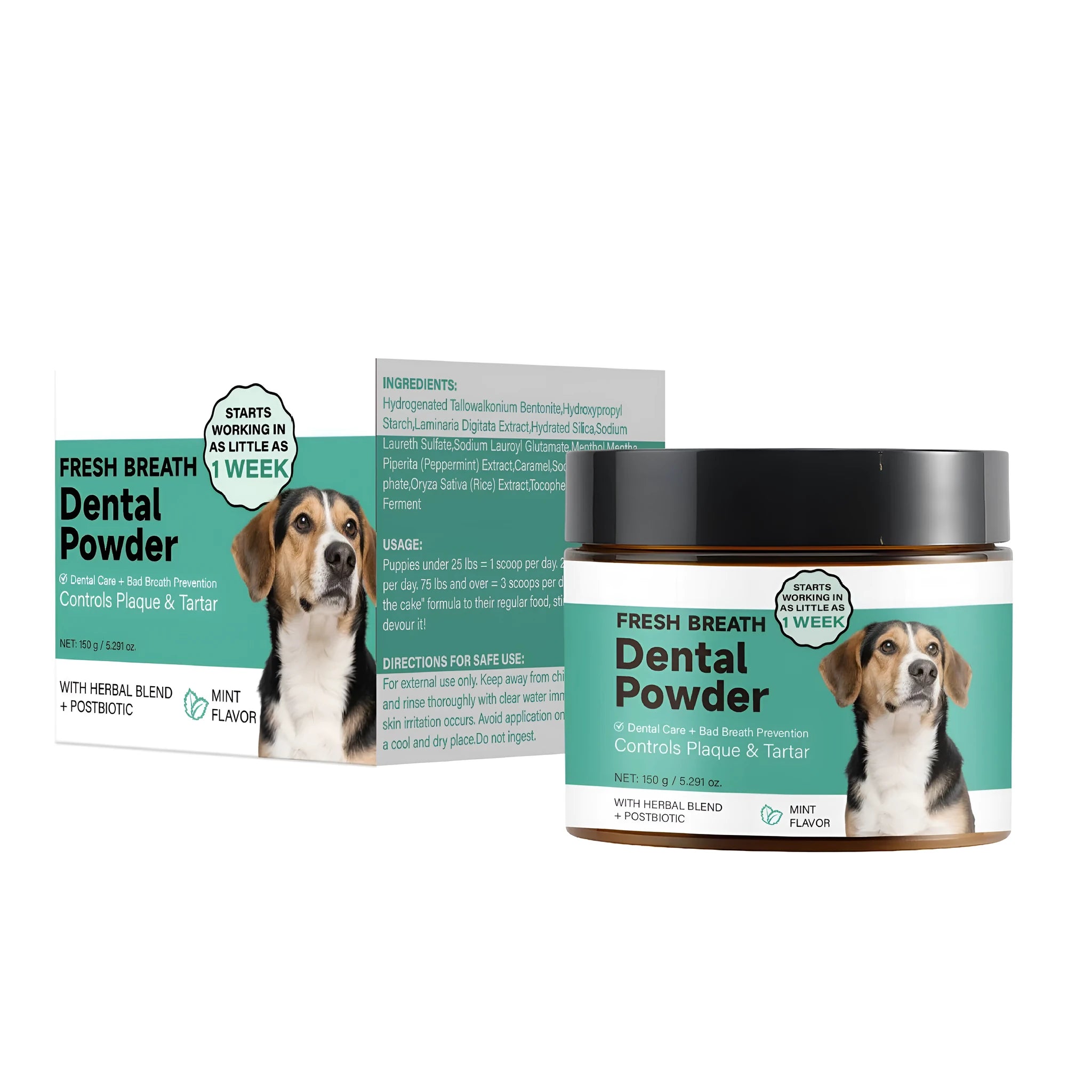 150g container of Dog Breath Tooth Cleaning Powder for dogs, specification FP-A067.