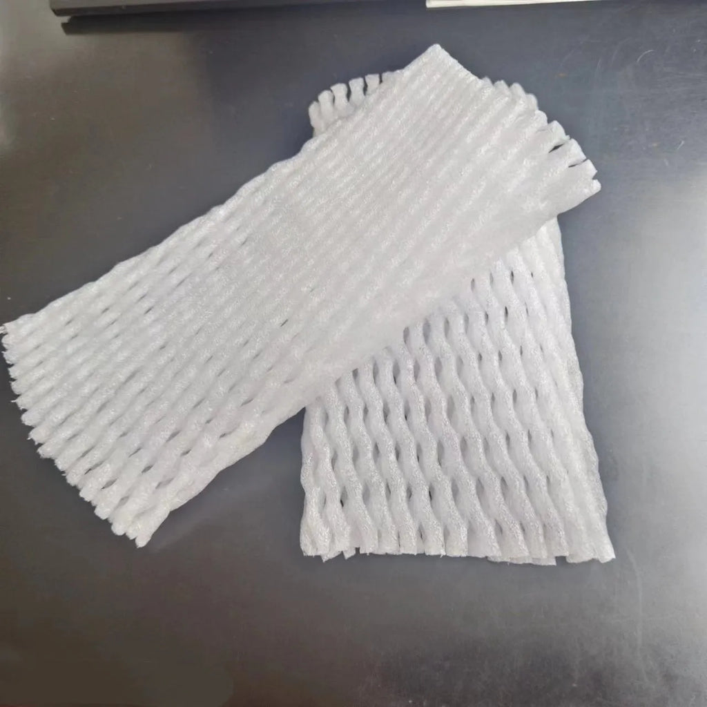 White foam fruit net cover shown in various sizes for protective wrapping.