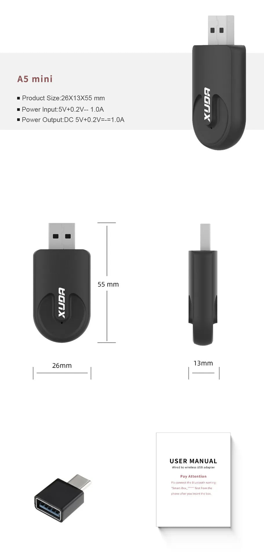 Small black CarPlay USB interface adapter showing dimensions 26x55x13mm