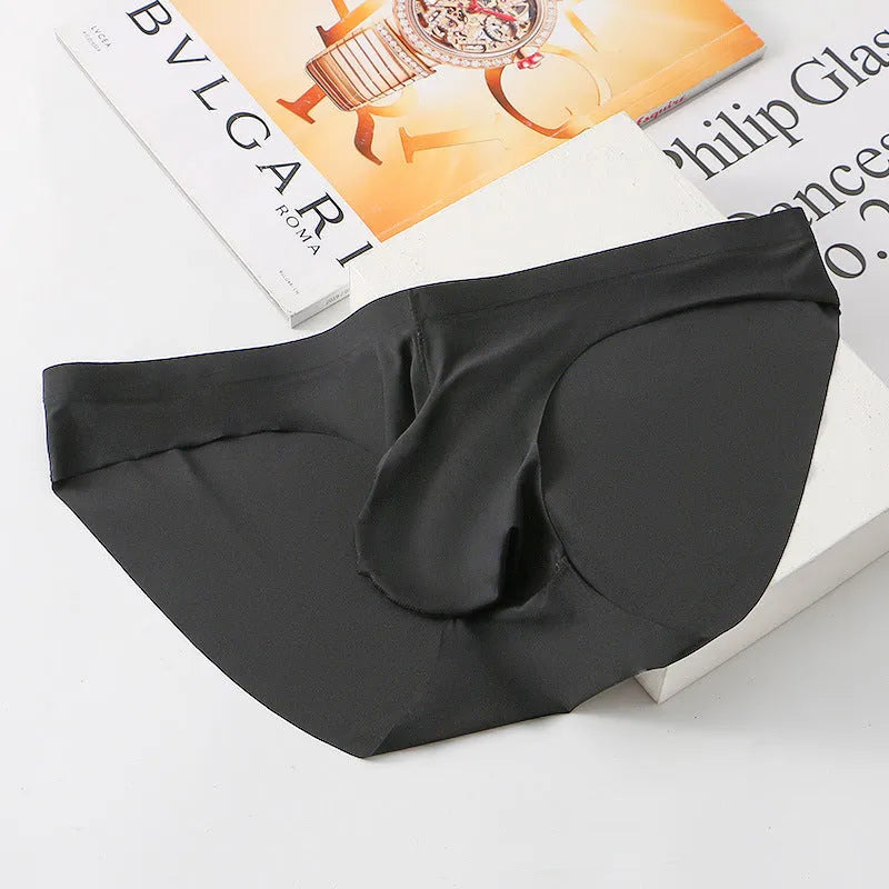 Men's ice silk seamless briefs in black with separate support pouch and quick-dry fabric