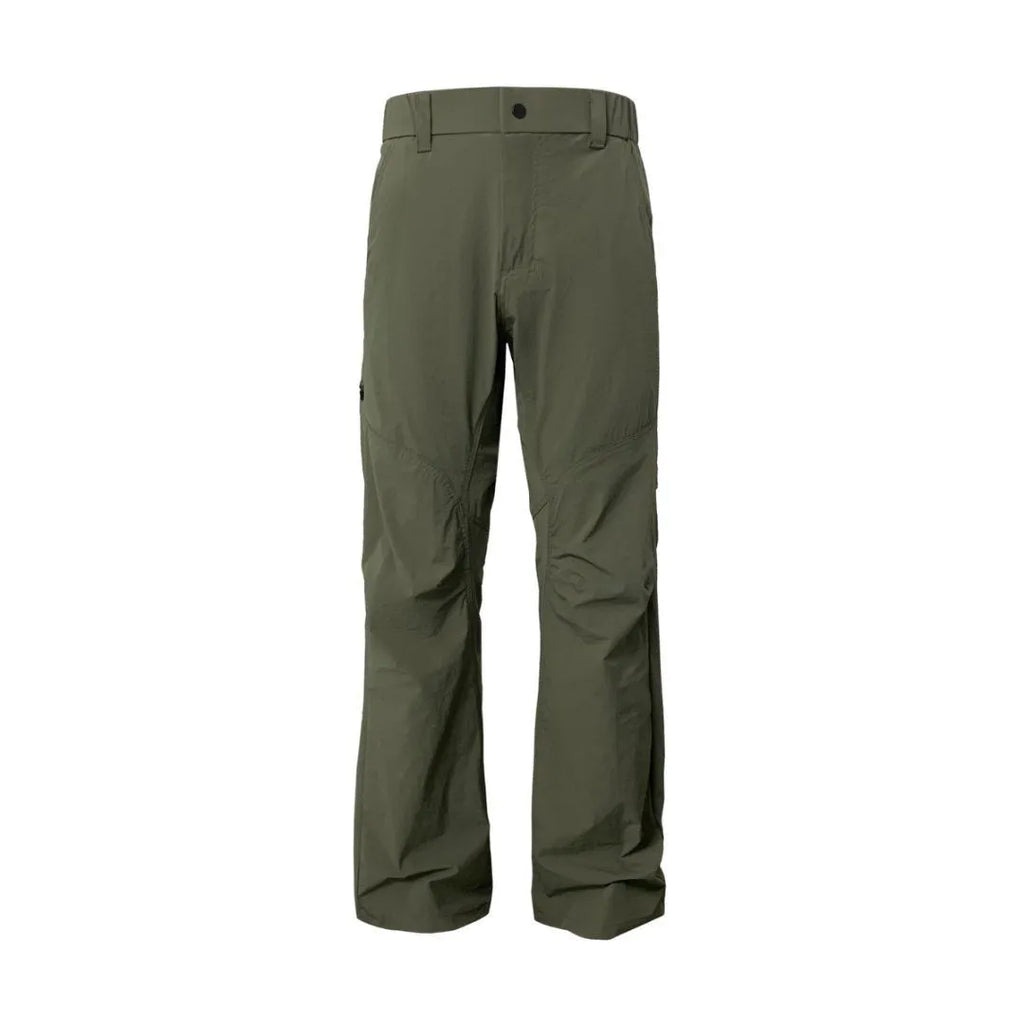 Men's straight-leg casual trousers in Army Green with an elastic mid waistband on a white background.