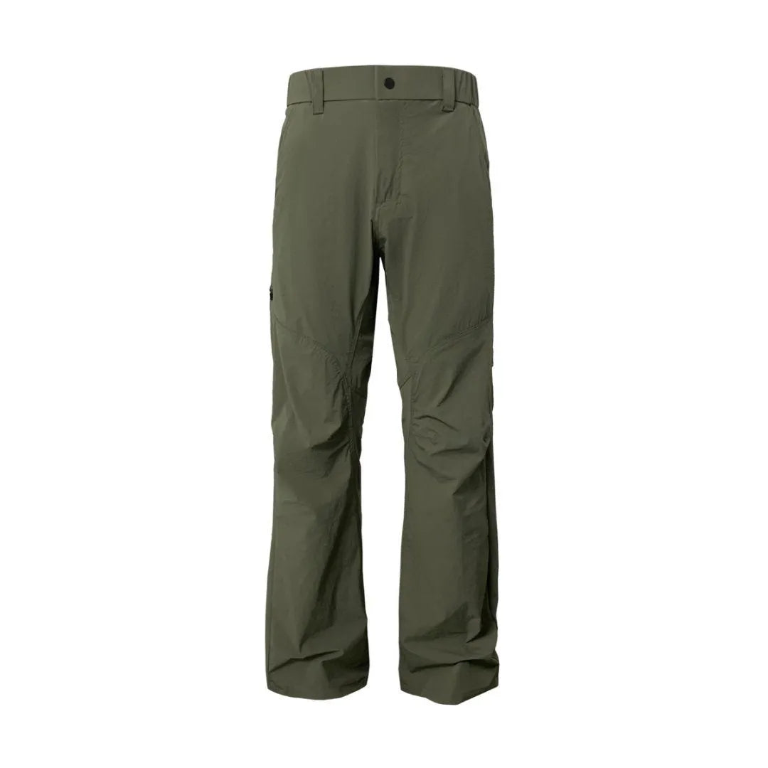 Men's straight-leg casual trousers in Army Green with an elastic mid waistband on a white background.