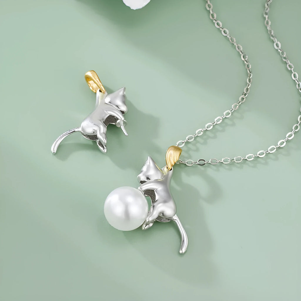 925 sterling silver clavicle chain necklace with electroplated cat charm pendant