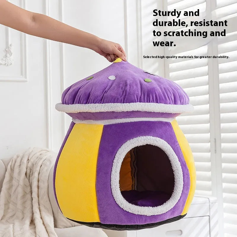 Mushroom-shaped thermal plush cat bed in gray, pink or purple colour options