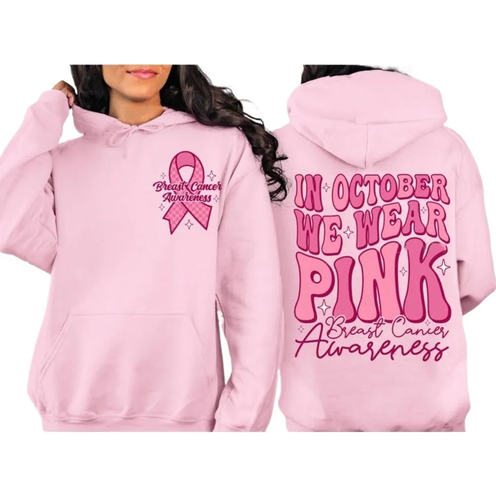 Breast cancer awareness hooded sweatshirt with retro print and side seam pockets in khaki colour