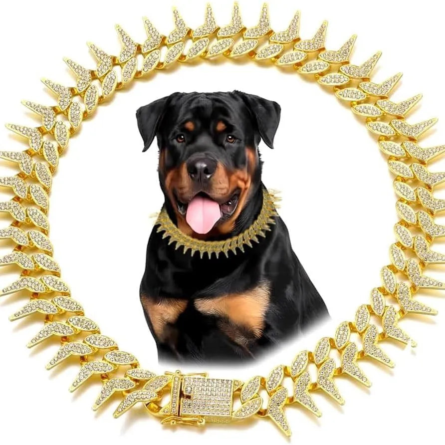 Zinc alloy diamond pet neckband necklace in gold with British style plaid pattern, sized for dogs