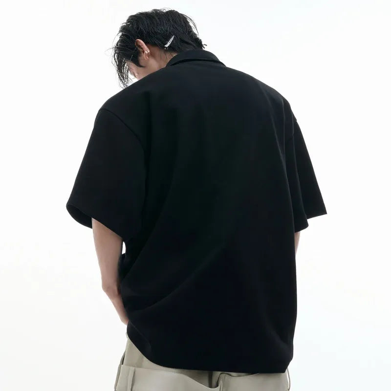 Men's deconstructed multi-collar polo shirt with geometric pattern in polyester fabric