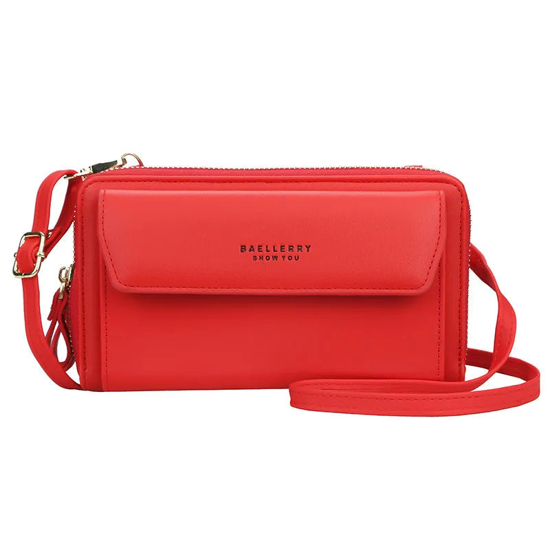 Red soft PU leather ladies diagonal messenger bag with double zipper and horizontal square shape