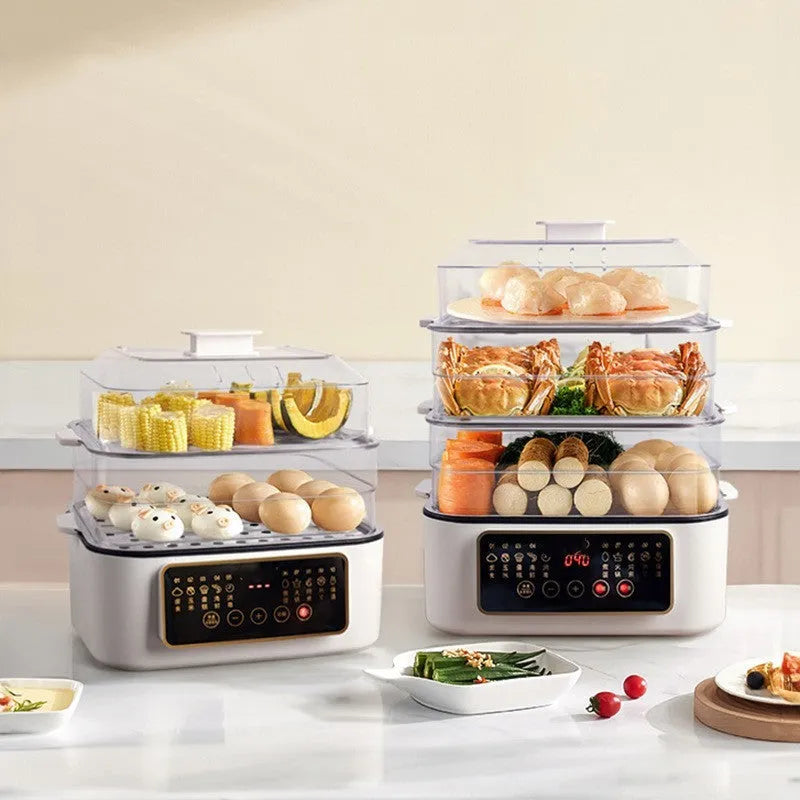 28-litre stainless steel electric steamer appliance with digital display and steaming rack.