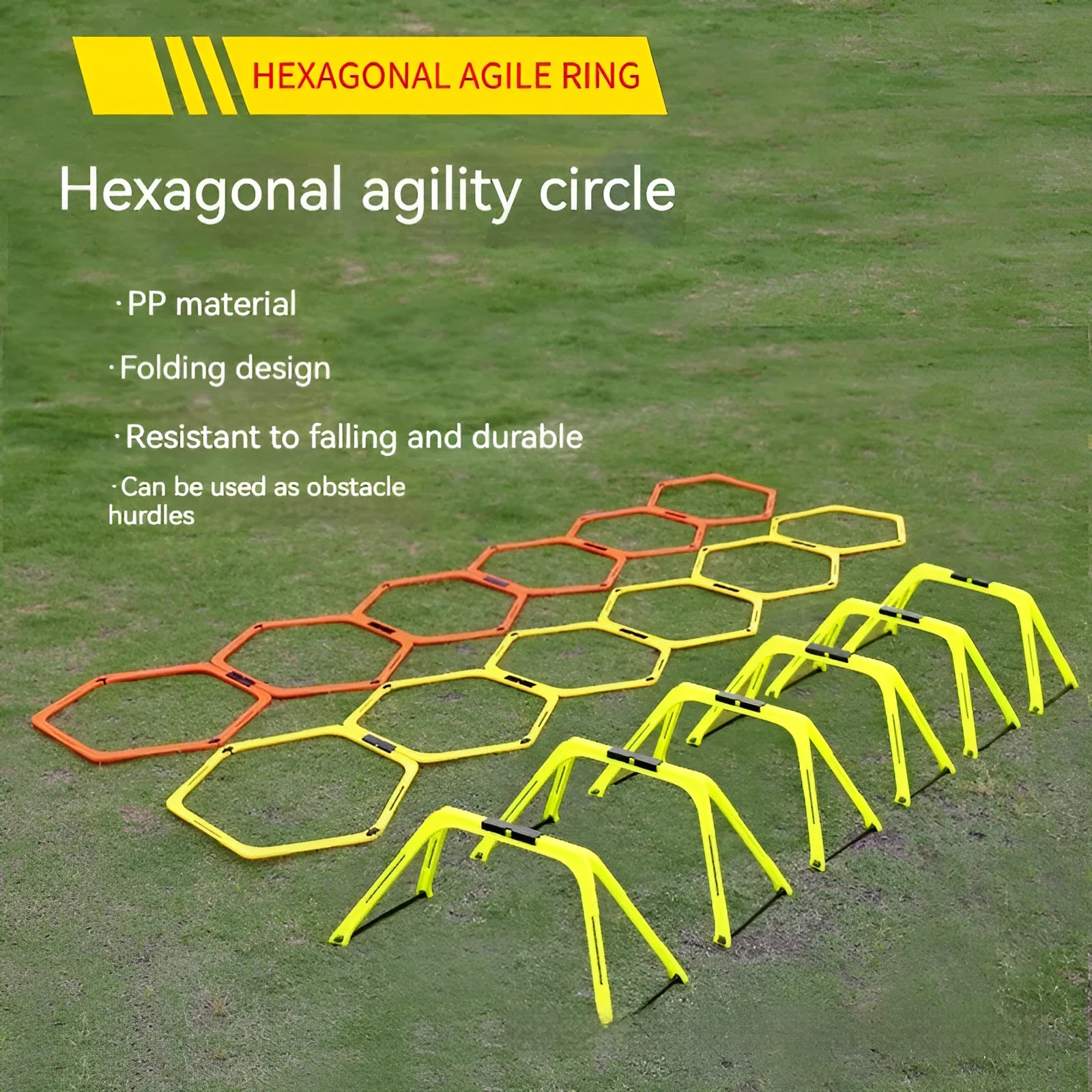 Six foldable hexagon agility training rings in green, orange, and yellow colours laid out on grass.