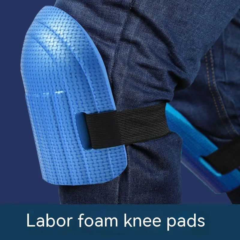 A pair of thick EVA foam kneepads in blue colour, for use on hard floors during auto repair or construction work.