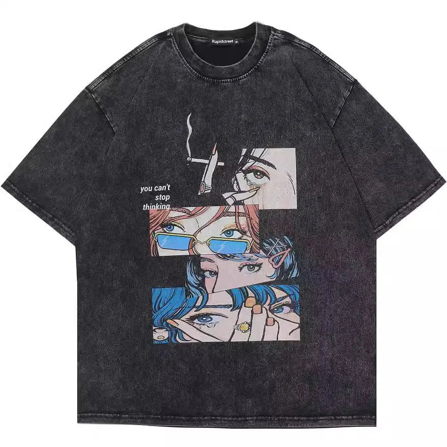 Men's black cotton t-shirt with retro cartoon graphic print in loose streetwear style