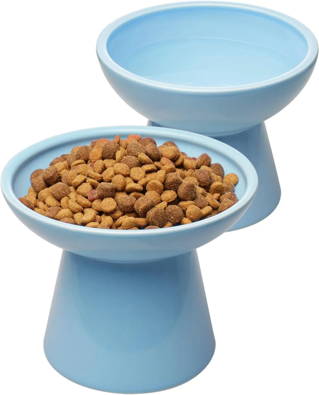 Ceramic elevated cat food bowl in blue showing wide shallow design and raised height