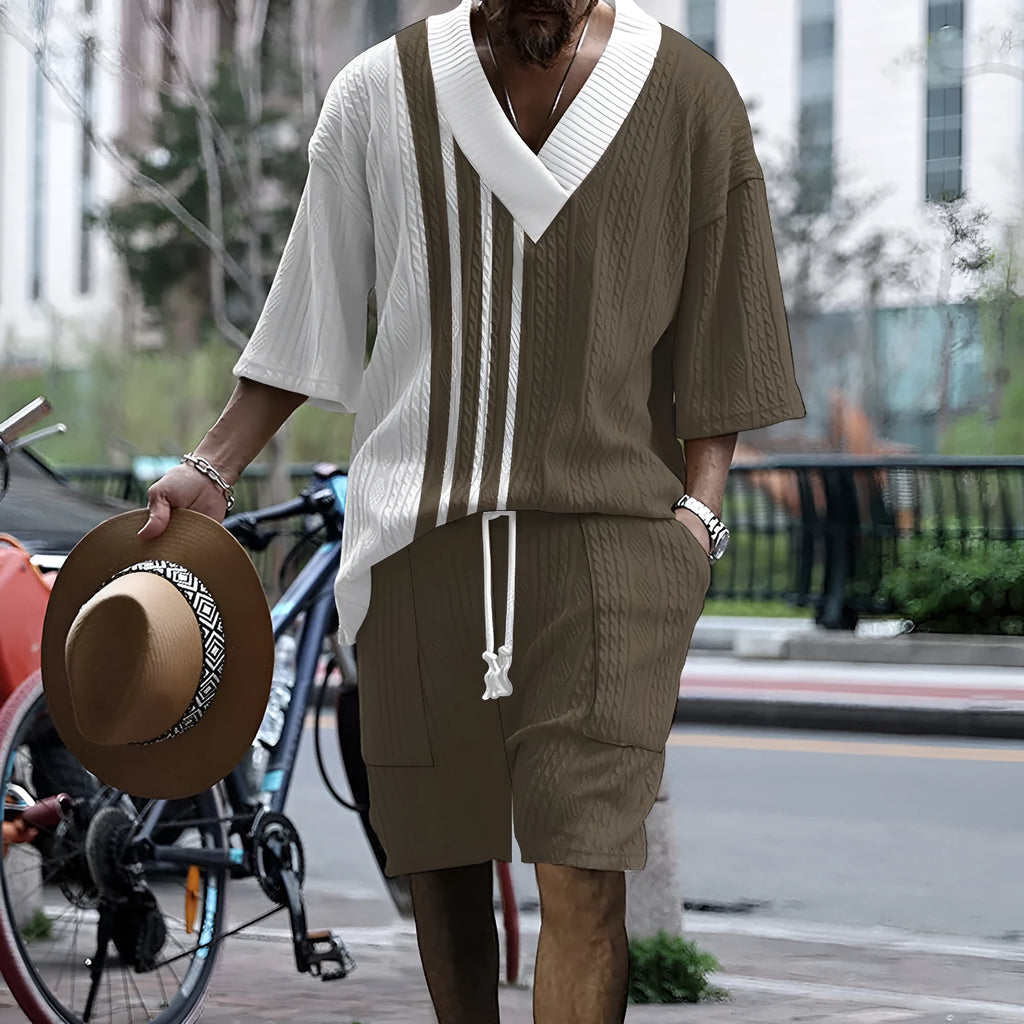 Men's printed drop shoulder knitted shorts suit in chemical fibre blend fabric