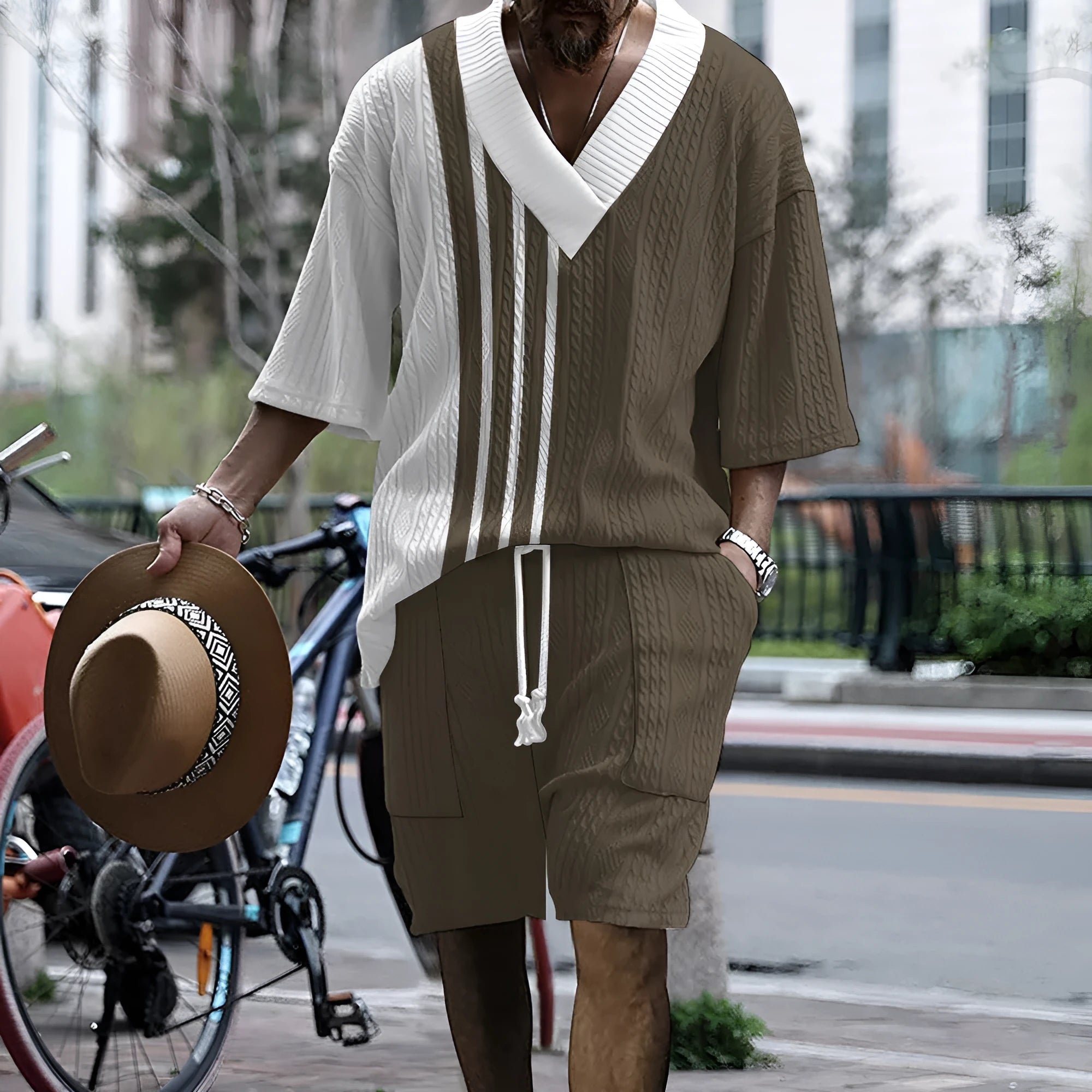 Men's printed drop shoulder knitted shorts suit in chemical fibre blend fabric