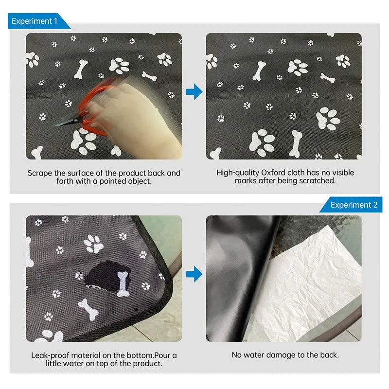 Water-resistant cloth car pet mat for rear seats with dog paw print design.