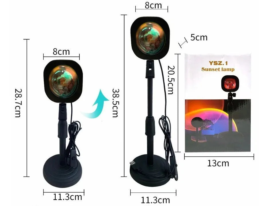 Rechargeable sunset lamp projecting rainbow colours with USB cable and push-button control
