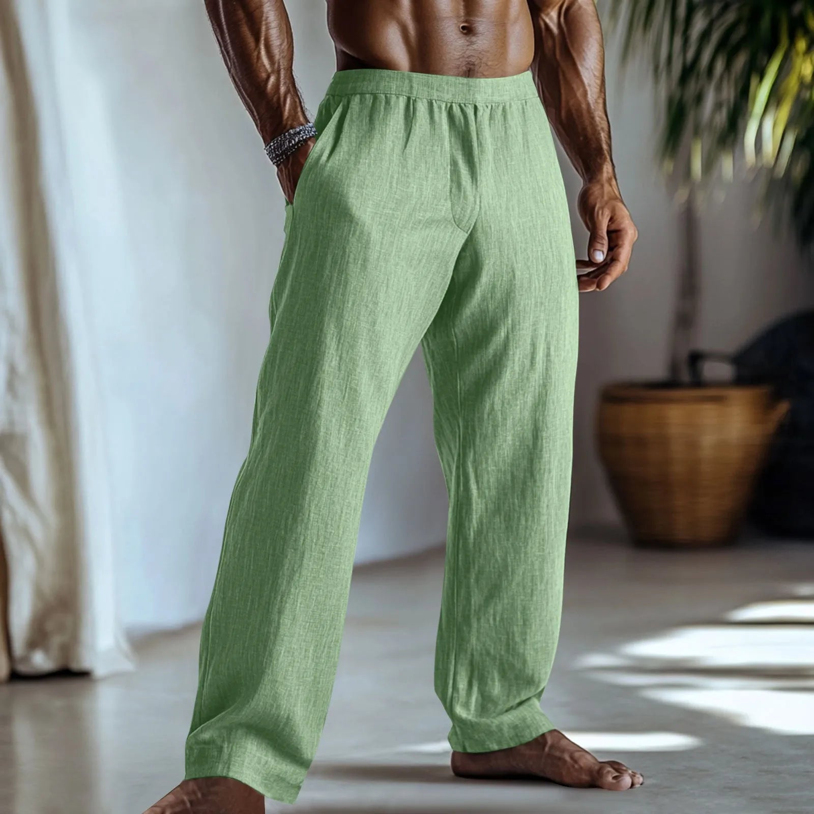 Cotton and linen straight leg casual trousers in light green colour with visible pockets